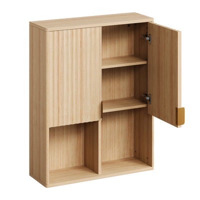 Wall Mounted Bathroom Storage Cabinet, Fluted Modern Medicine Cabinet with Open Storage Compartments and Adjustable Shelf for Kitchen Living Room