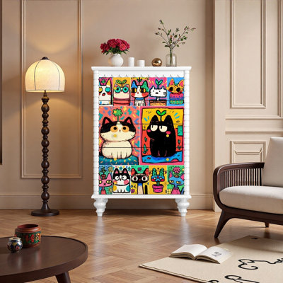 Whimsical Cat Design Solid Wood 5-Drawer Chest