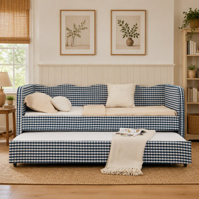 Daybed, Gingham Upholstered 3-in-1 Convertible Sofa Bed with Trundle and Storage Pockets for Small Spaces