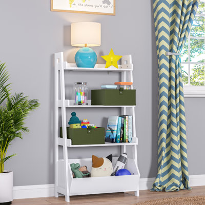 RiverRidge Kids 4-Tier 24in Ladder Shelf Toy Organizer and Book Storage with 3 Open Display Shelves- White with Two 5" Fabric Bins