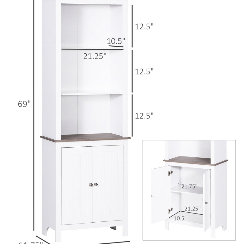 Bibliothèque blanche 69 po - Rangement autoportant avec porte double et 3 tablettes pour salle de bain