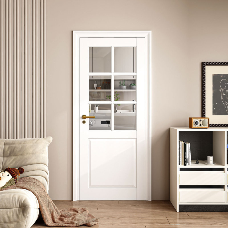 Interior Primed 6-Lite Frosted Glass French Door Solid Wood Pantry Door Without Hardware Kit 32'' x 80'', 32'' x 80''