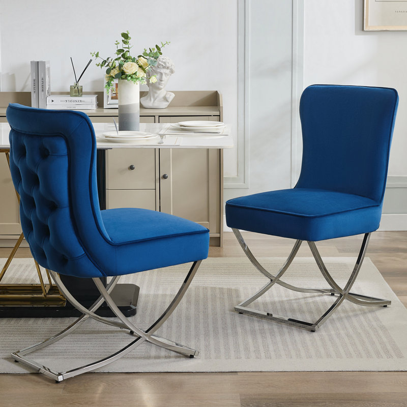 Tufted Velvet Upholstered Dining Chair with Silver Metal X-Legs, Navy