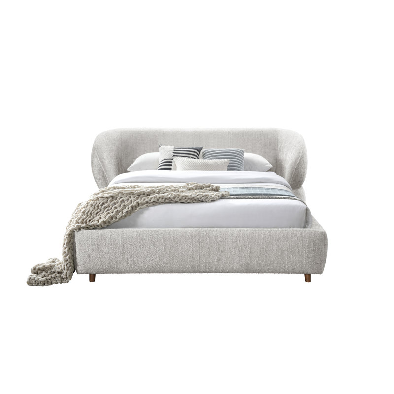 Lit plateforme tapissier à motif italien Ollie - Tissu bouclé ou similicuir, tête de lit courbée, structure entièrement rembourrée, aucun sommier requis