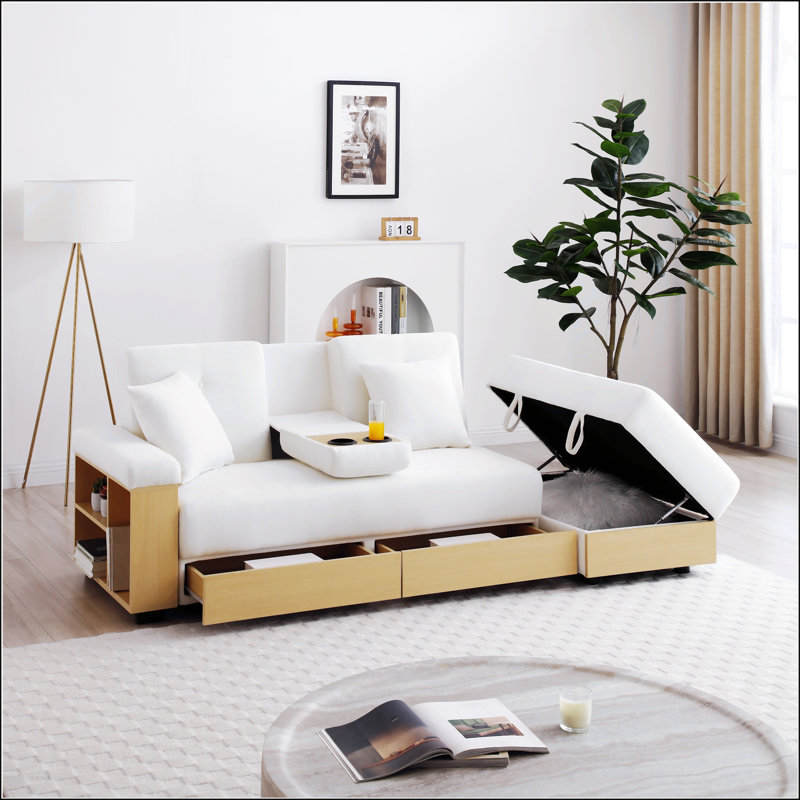 Canapé-lit convertible, canapé-lit double pliant multifonctionnel avec repose-pieds, accoudoir, table rabattable et porte-gobelets pour les espaces de vie modernes