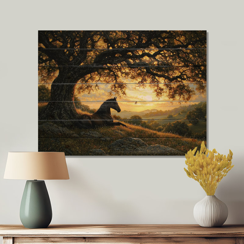 Cheval et le chêne IV - Art animalier en bois sur bois de pin naturel, H 30 po x l 40 po
