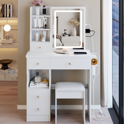 Petit ensemble de coiffeuse avec miroir coulissant, lumières DEL et tabouret, miroir de coiffeuse avec tiroirs de rangement et tablettes pour la chambre à coucher (blanc)