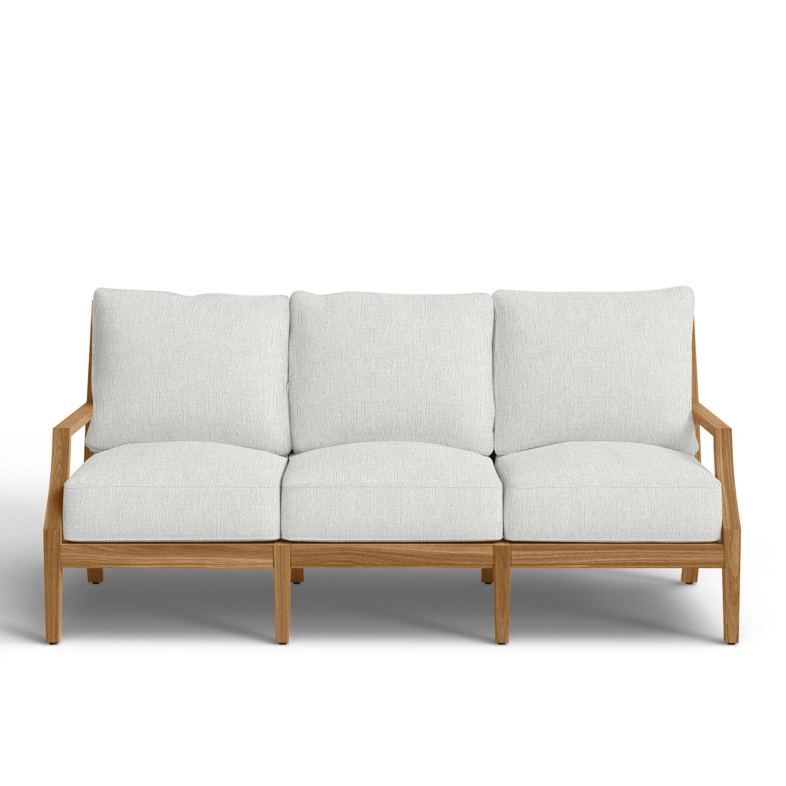 Haley Teak Patio Sofa with Cushions, Natural Teak, No welt + Standard fill, Perigold Arigato Balsamic