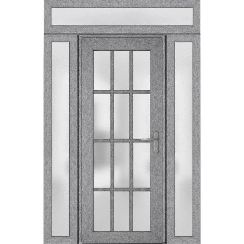 Front Exterior Prehung uPVC Metal-Plastic Door Frosted Glass Manux 8312 Grey Ash 2 Side and Top Exterior Window Office Commercial and Residential Doors Entrance Patio Garage-W12+36+12 x H80+14-Right-hand Inswing