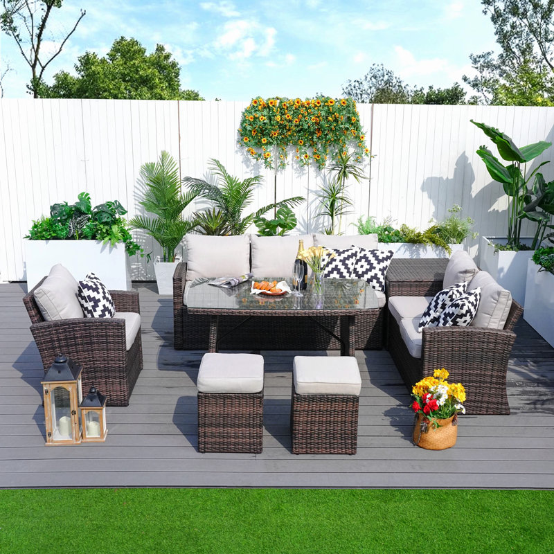 Baecher Wicker 6-Person Outdoor Seating Group with Cushions, Brown Frame/Beige Cushion