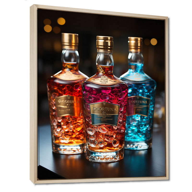Liquor Spirit Drops Bottles II - Liquor, reproduction sur toile encadrée, H 44 po x l 34 po x P 1,5 po, Cadre flottant érable