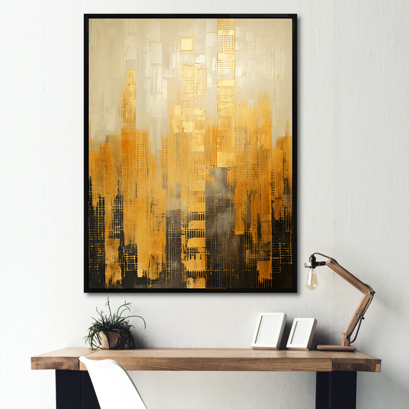 " Golden Grid Skyscraper Skyline ", 20" H x 12" W x 1" D, Black Floater Framed
