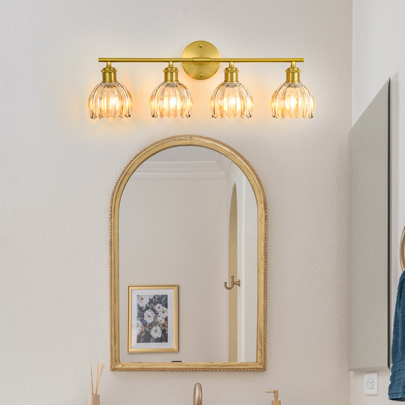 Luminaire de meuble-lavabo vintage en laiton 4 lumières avec abat-jour en verre ambré tulipe pour salle de bain, chambre à coucher de salon