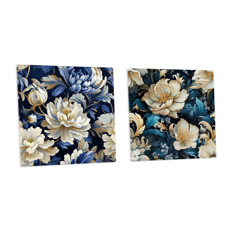 Harmonie de damas zen blanc et bleu - ensemble abstrait d'art mural en acrylique sur verre, H 36 po x l 73 po