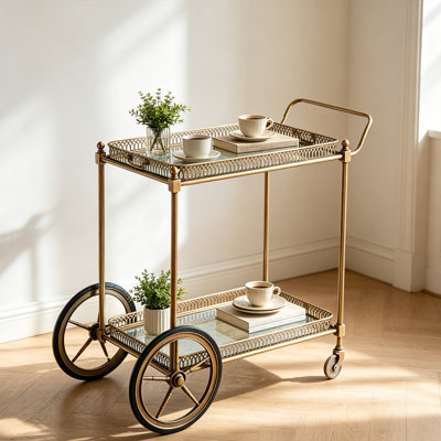18.9"W x 35.43"D Vintage Antique Brass Metal Rolling Bar Cart, 2-Tier Mirrored Glass Serving Cart For Indoor Apartment Living Room