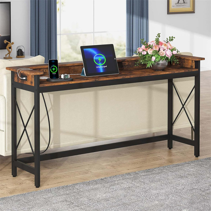 70.9 Inch Extra Long Industrial Console Table With Charging Station, Narrow Sofa Table For Living Room And Entryway
