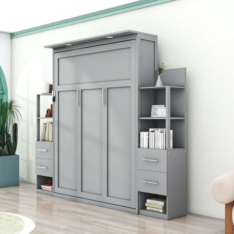 Murphy Bed Wall Bed with Shelves, Drawers and LED Lights, Gray, Queen