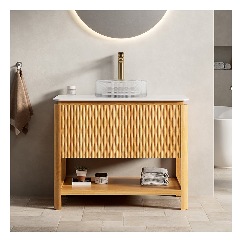Meuble-lavabo autoportant SHARMA 91 cm avec lavabo, comptoir en pierre frittée, bassine en verre, armoire en contreplaqué avec portes texturées bambou et étagères ouvertes, fini grain de bois