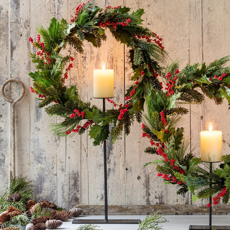 Pine and Holly Wreath on Candle Stand, 32" H x 32" W x 6" D