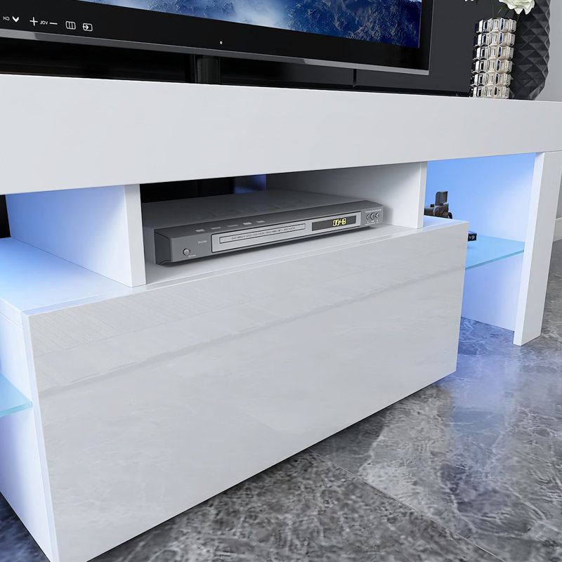 Led Tv Console For 55-inch Tvs, White, With Down Flip Door, Glass Shelf And Large Storage, Modern Bedroom & Living Room White Stand Room, Fits Storage Space, Shelf, High Glossy Front