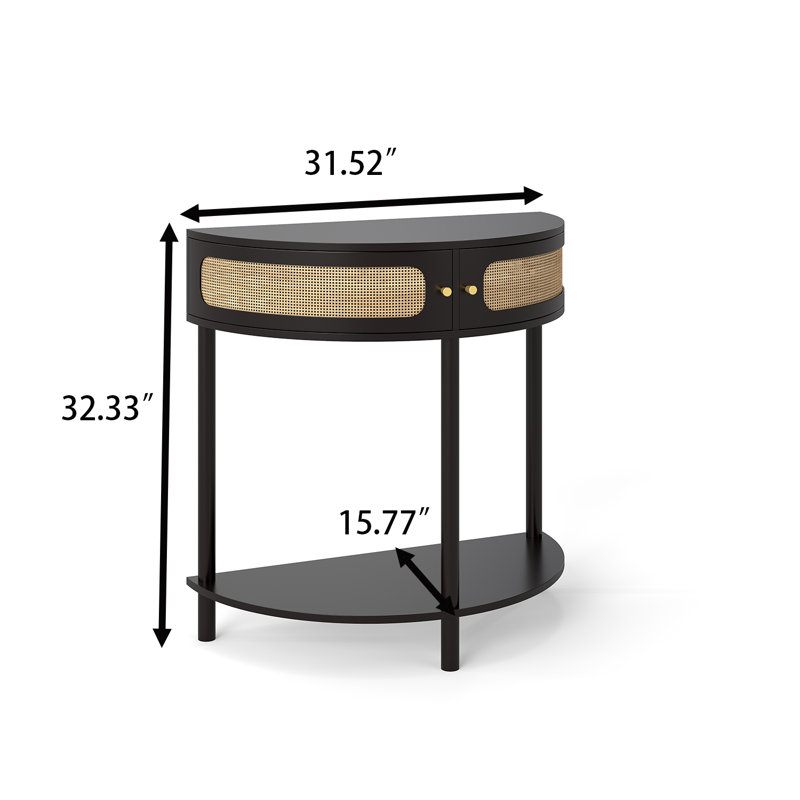 Console demi-lune avec tiroirs, tiroir de rangement et tablette inférieure, Noir
