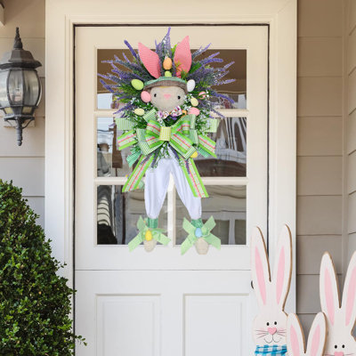 Egolot 16 Inch Egolot Easter Mesh Deco Bunny Wreath With Eggs And Carrots For Front Door, Spring Pink And Blue Ribbon Easter Wreath For Spring, Rustic