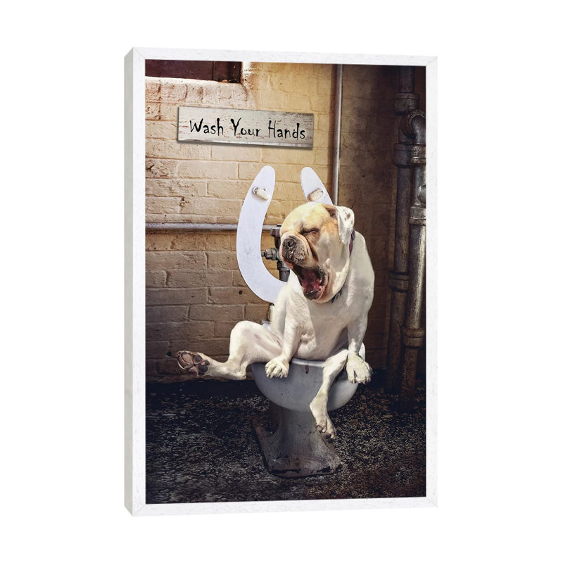 Toilet Troubles by Karen Burke - Print on Canvas, 66.04cm H x 45.72cm W x 3.81cm D, White Framed
