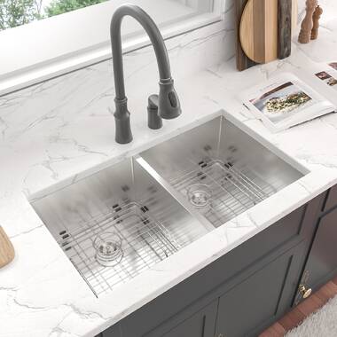 Allora USA - LD-3218 Kitchen Sink - 32 x 18 x 8 Undermount Low Divider Double Bowl 18 Gauge Stainless Steel Kitchen Sink