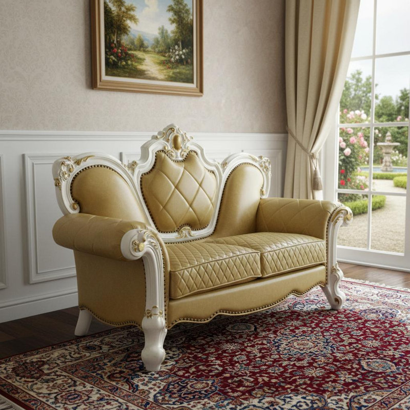 Causeuse et coussins décoratifs 70 po jaune doré et perle