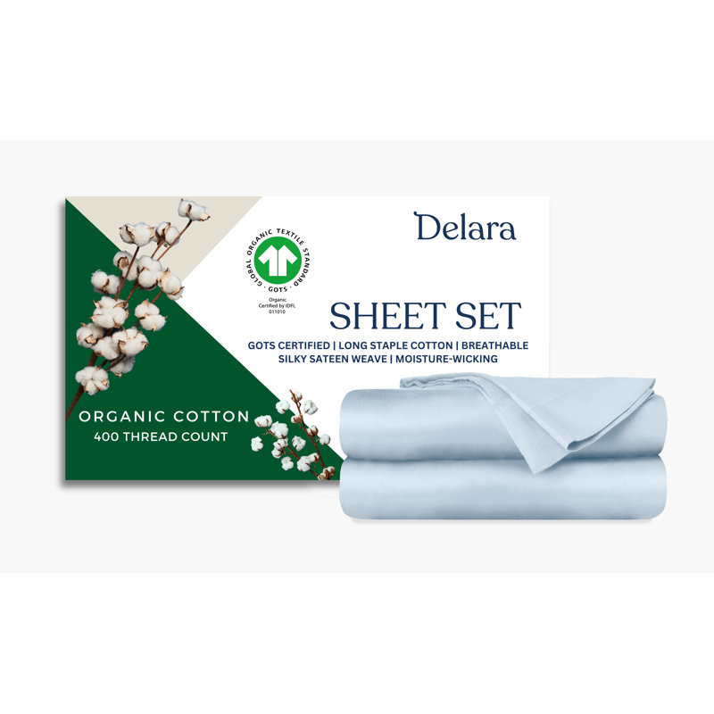 Delara GOTS Certified 100% Organic Cotton Sateen Sheet Set, 400TC Long Staple, Soft & Breathable with Deep Pocket, Light Blue