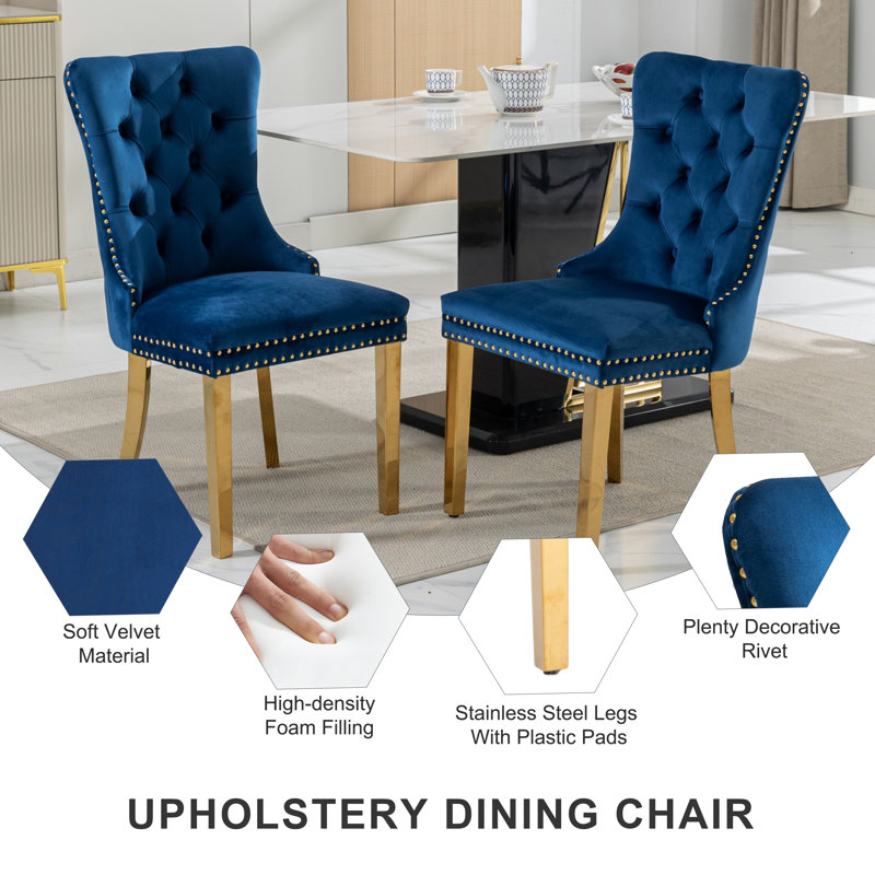 5-Piece Pedestal Gold Dining Set, Blue, 30" H x 39" W x 39" D