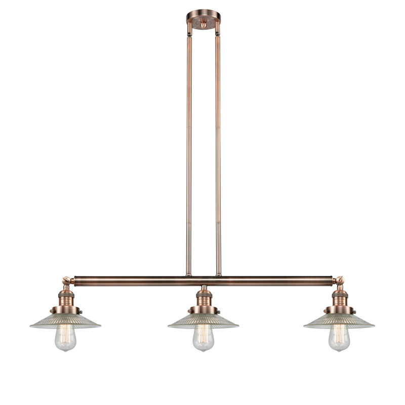 Luminaire suspendu linéaire à 3 lumières pour îlot de cuisine Miramontes, Cuivre antique, Halophane transparent, DEL