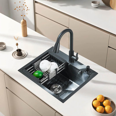 55cm*45cm Matte Black Kitchen Sink Pull Out Sprayer Stainless Steel Drop In Kitchen Sink with Soap Dispenser