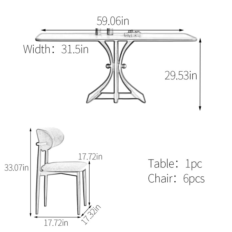 Ensemble de table de salle à manger unique en pierre frittée, H 29,53 po x L 59,06 po x l 31,5 po