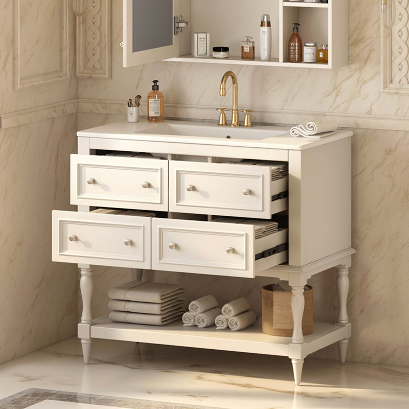 Ensemble de meuble-lavabo 36 po avec lavabo 36 po, lavabo en céramique encastré, ensemble de meuble-lavabo autoportant avec 4 tiroirs, armoire de salle de bain avec cadre en bois massif, beige