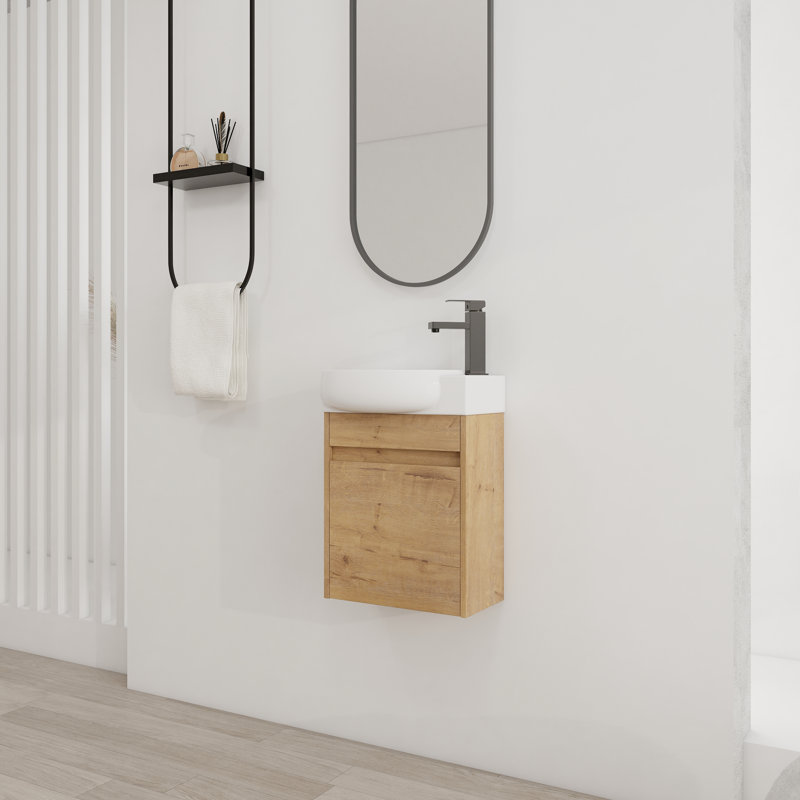 Wall Mounted Bathroom Vanity With Ceramic Sink And Soft Close Door, Imitative Oak
