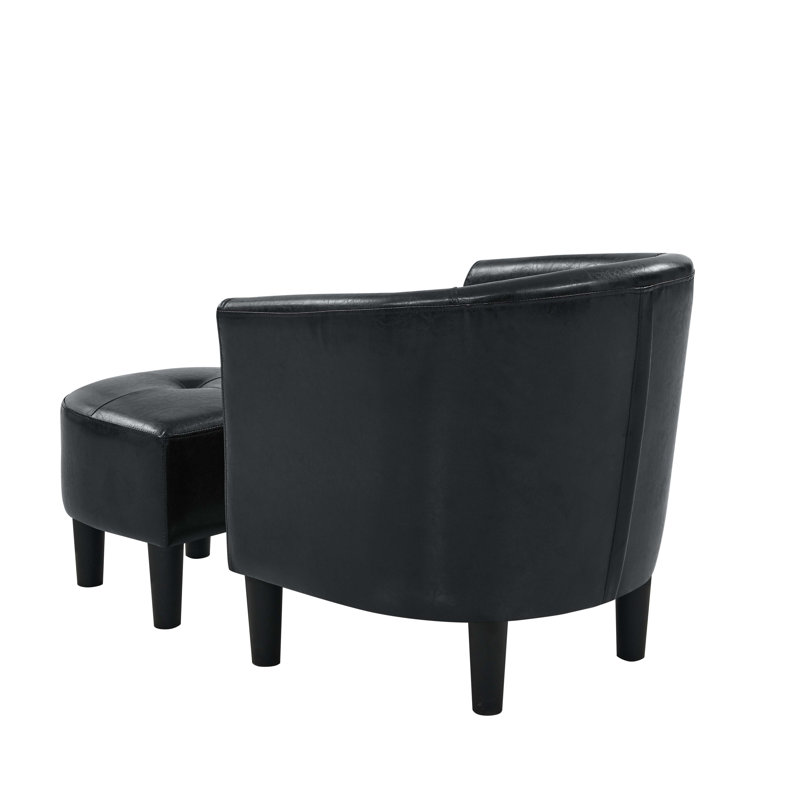 Aldayshein 25.55" Wide Barrel Chair and Ottoman, Black Tufted PU Leather