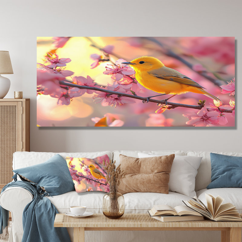 Songbird In Melody Spring Tree I - oiseau, décoration murale en métal, reproduction d'art moderne en métal, H 28 po x l 60 po