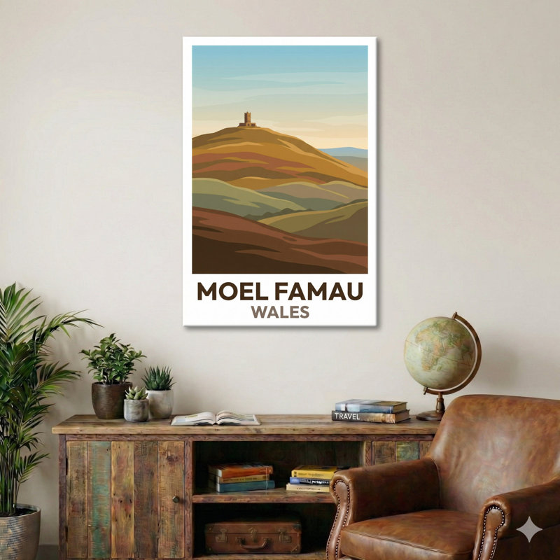 Moel Famau, Wales - Romantic Travel Poster Of Jubilee Tower And Rolling Welsh Hills. Giclee Print On Wrapped Canvas. Wall Art, Home Decor - Natural Landmarks, Wales - Wrapped Canvas Print