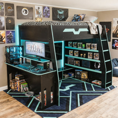 Full Size Wood Loft Bed with Desk, Multi-storage Shelves and RGB Light, Table with adjustable placement,Cloud Blue
