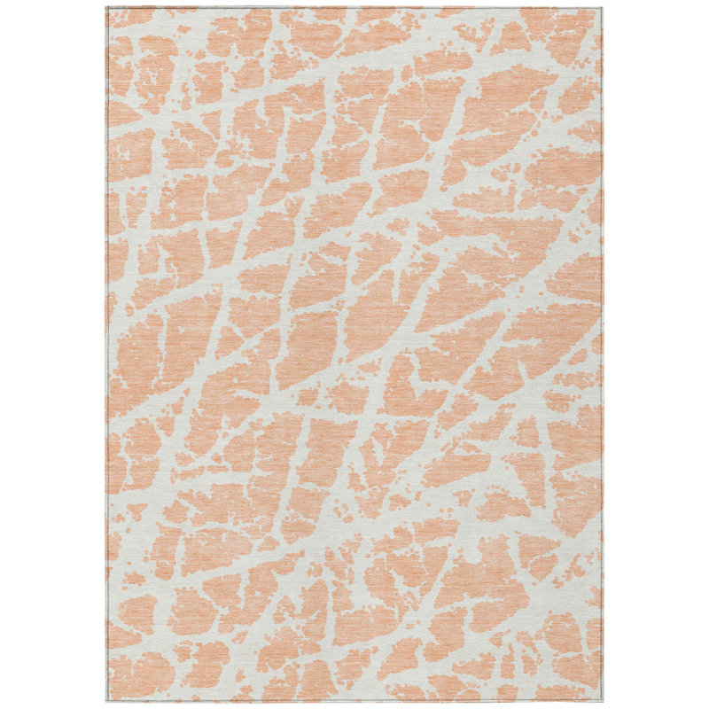 8' X 10' Peach and Ivory Abstract Washable Non Skid Indoor Outdoor Area Rug, 120" W x 168" L