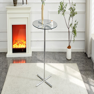 Table de bar ronde en verre, table de bar ronde de 36 pouces, plateau en verre trempé, support robuste à quatre colonnes plaqué en chrome argenté, convient aux tables de bar rondes transparentes dans les petits espaces, cuisines