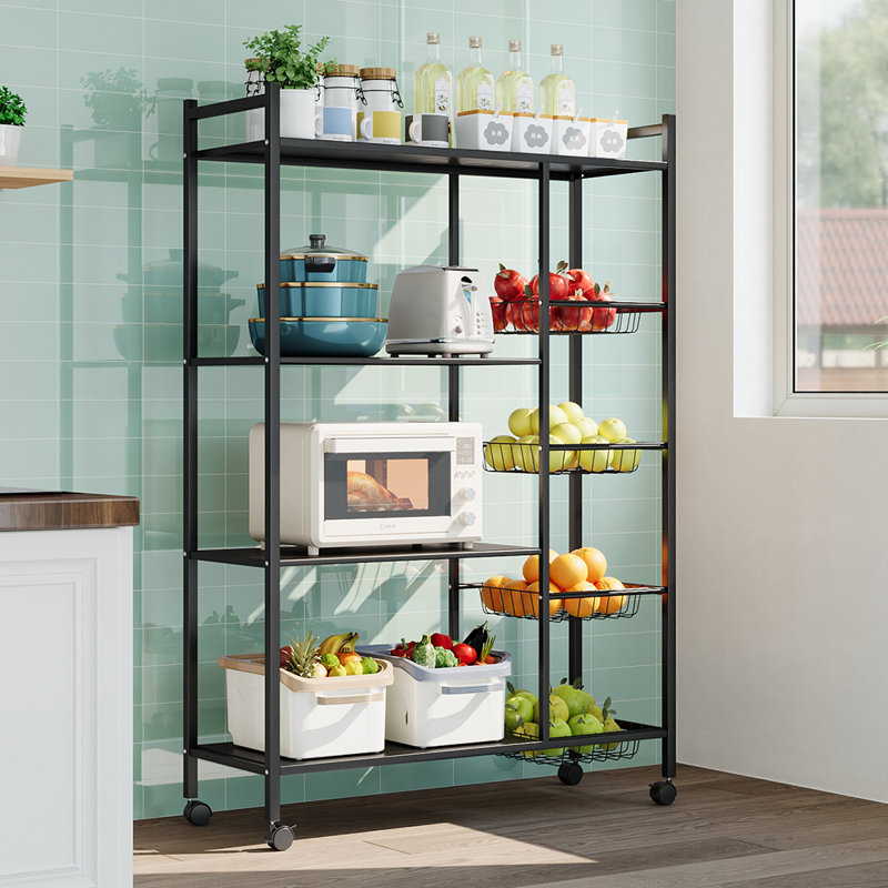 Kitchen floor multi-layer household multifunctional black storage rack, 134cm H x 90cm W x 32cm D