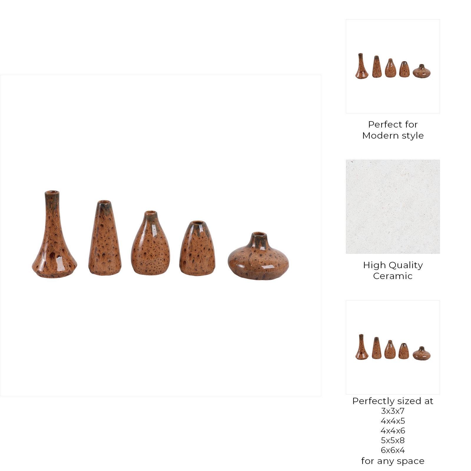 Set Of 5 4/5/6/7/8" Gresham Ceramic Vases, Brown