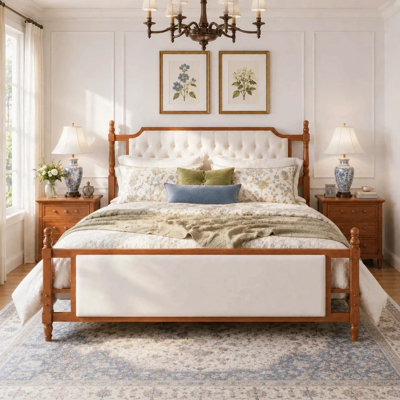 Modern French Country Upholstered Platform Bed Frame | Solid Wood Farmhouse Bed with Button-Tufted Velvet Headboard and Footboard | No Box Spring Needed, Heavy Duty Wooden Slat Support