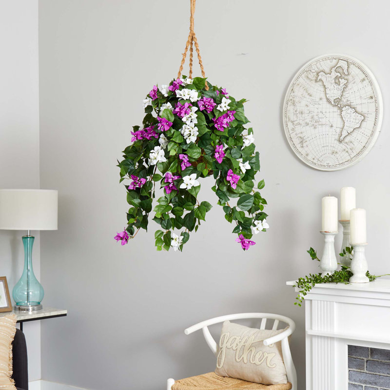30" Purple and White Bougainvillea Artificial Hanging Plant with Rope Basket
