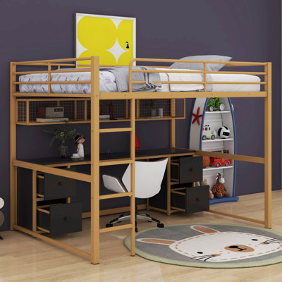 Lit mezzanine double en métal avec bureau Allyse, bureau, tiroirs et plateau de chevet, station de charge, prise USB et prise