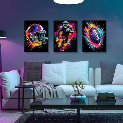 3Pcs American Football Canvas Wall Art Graffiti Cool Sport Themed Picture Watercolour Color Splash Ink Rugby Gaming Poster Print Artwork For Boys Room Teen Kids Playroom Wall Decor 16X24in Canvas