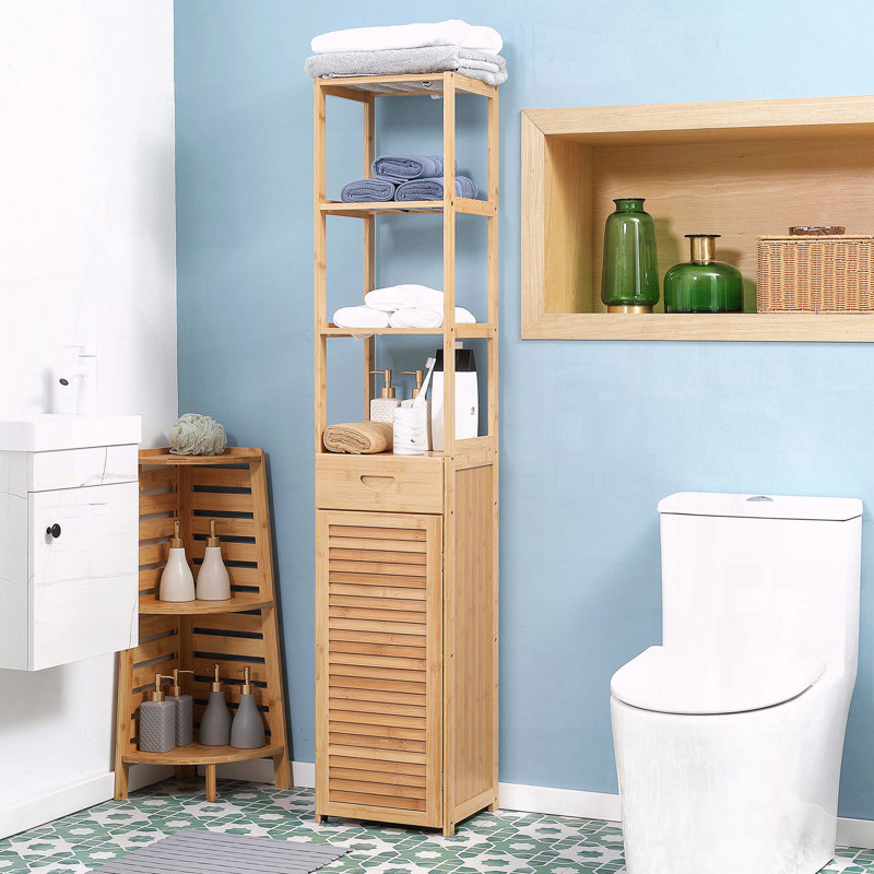 Tall Bamboo Linen Tower with Drawer & Slatted Shelves