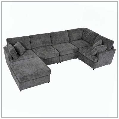 6-Piece U-Shaped Chenille Sectional Sofa Movable Ottoman Modular